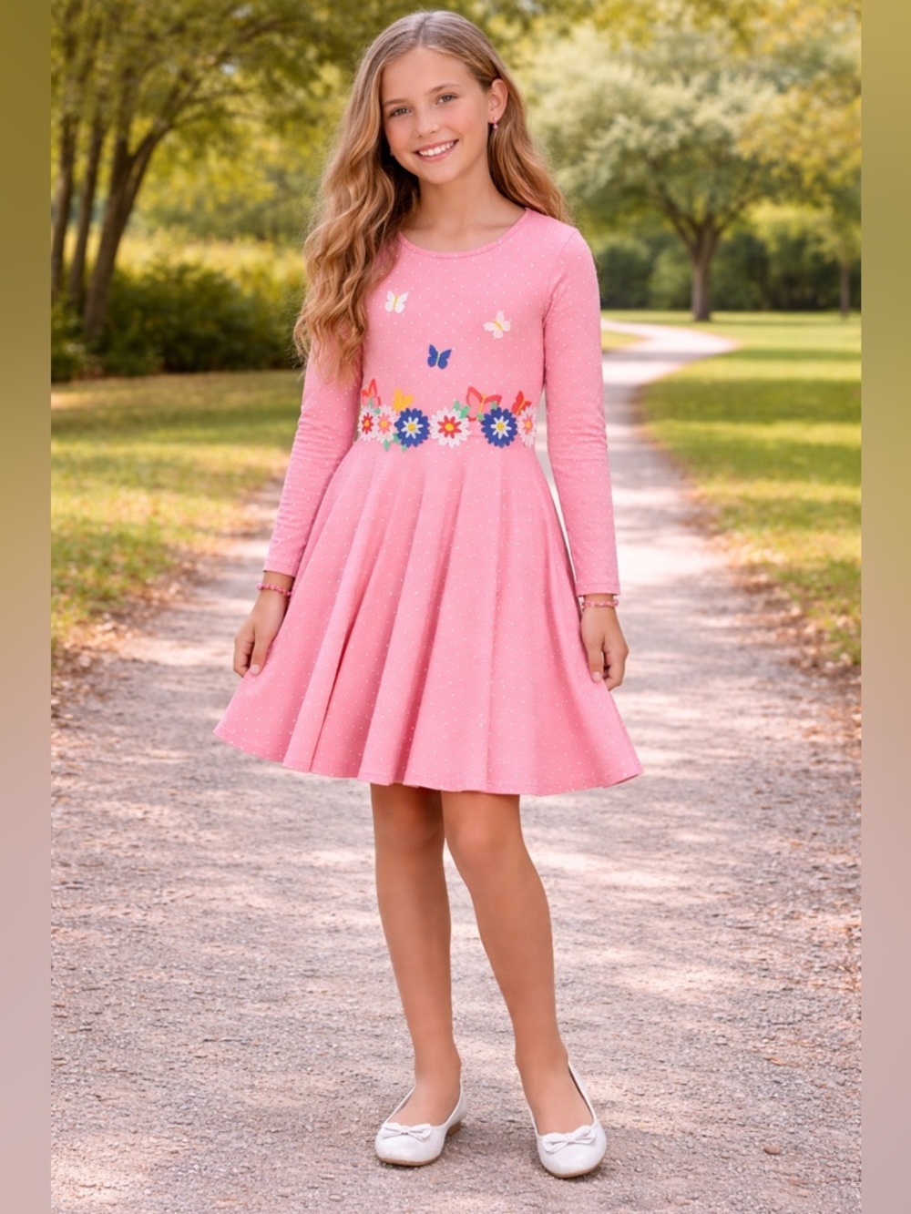 Mini Boden Pink Polka Dot Dress with Floral Embroidery; 100% Cotton